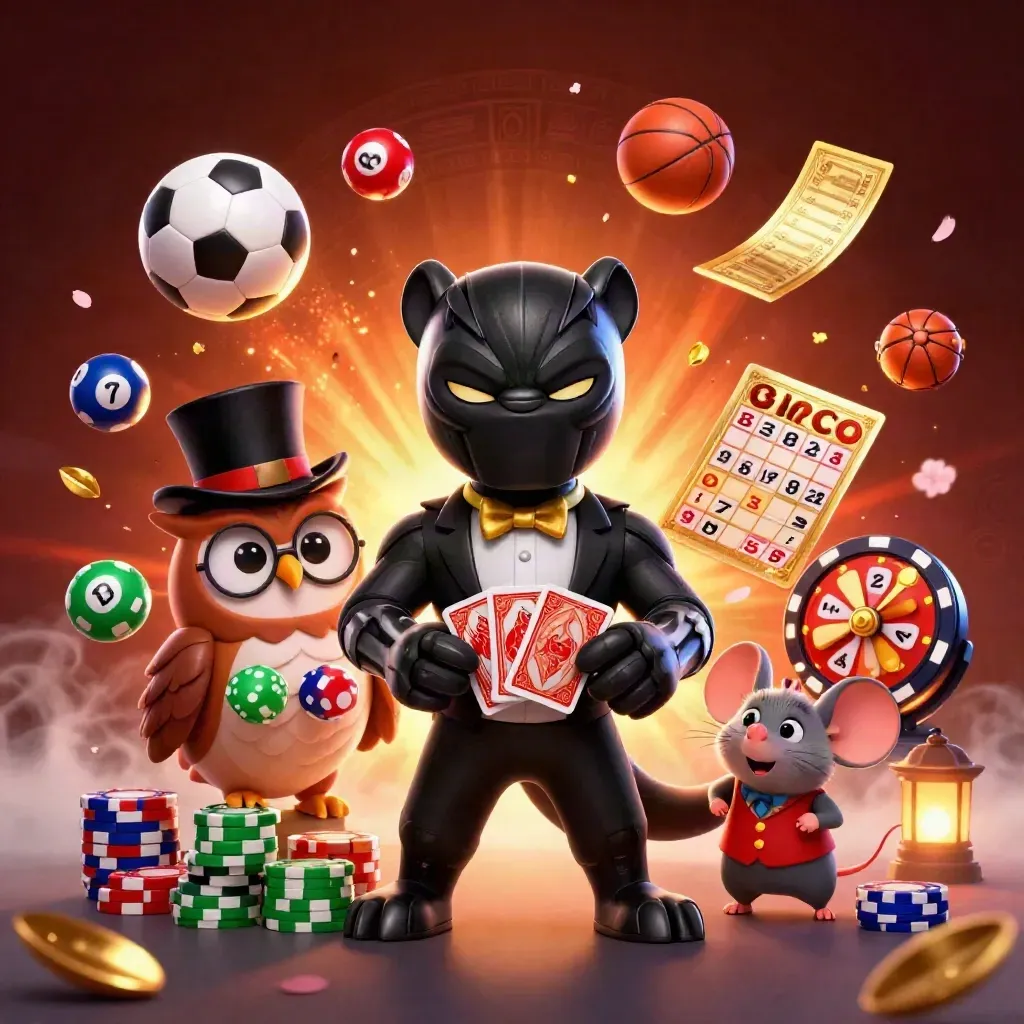 Panter, uil en muis in casino-actie met sportballen en gouden fiches in neonlicht.