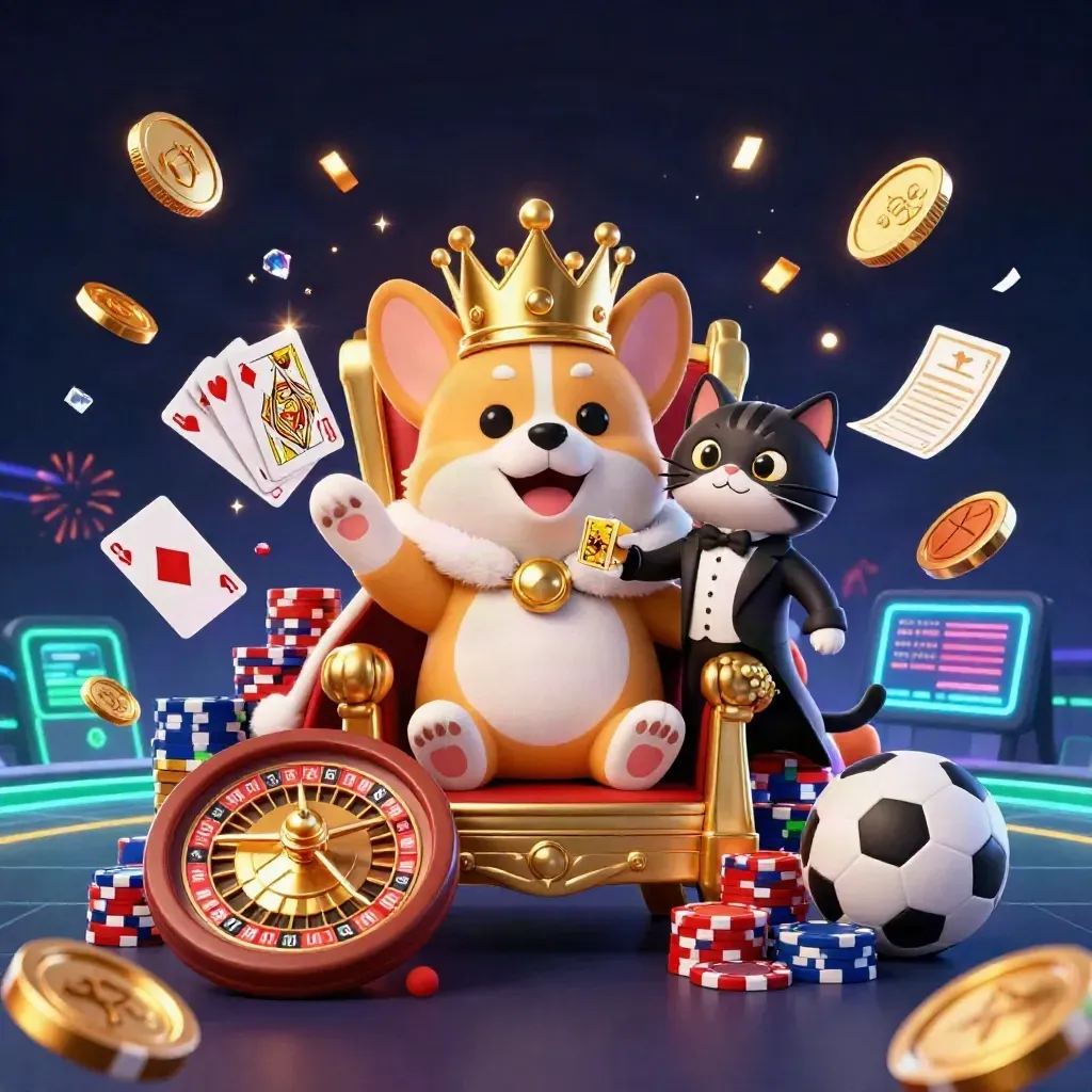 Kroningscorgi en kattenbutler tussen goud, chips, kaarten en neon groen casino-licht.