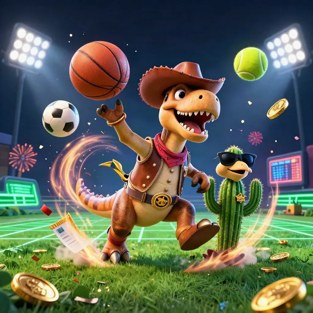 Cowboy T-Rex, cactus en roadrunner vangen een basketbal met neon effecten en goud.
