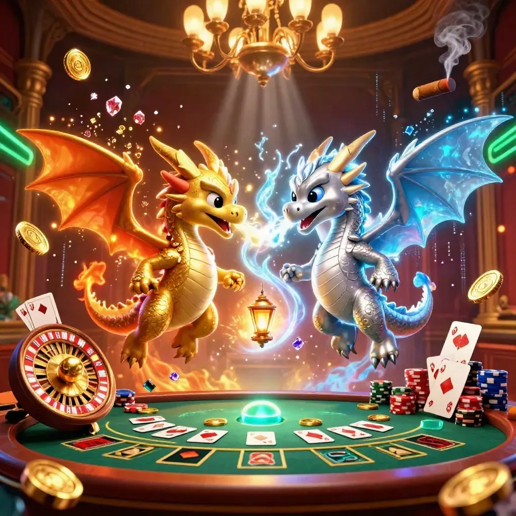 Twee draken in yin-yang met gouden munten en luxe casino-opstelling.