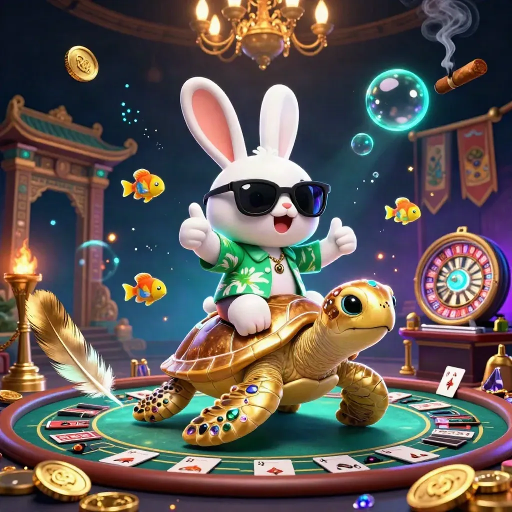 Gelukskonijn op gouden zeeschildpad tussen casino-goud, neon licht en tropische magie.
