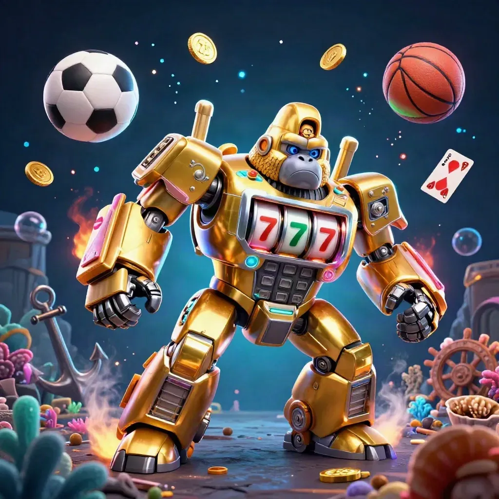 Gouden gorilla-mech met slotreels, ballen en schatten in een donkere onderwatercove