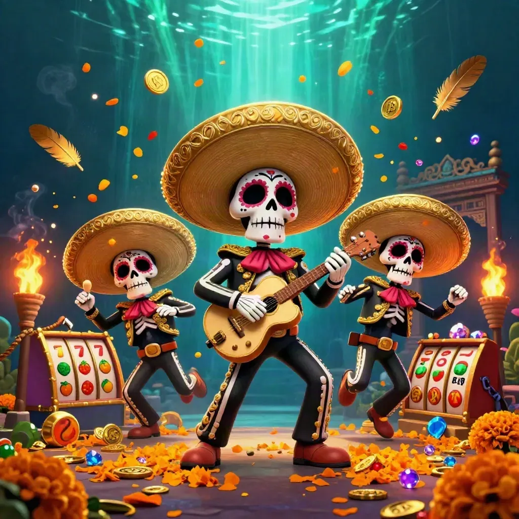 Drie Day-of-the-Dead mariachi-skeletten in neon groen met goud en casinogloed.