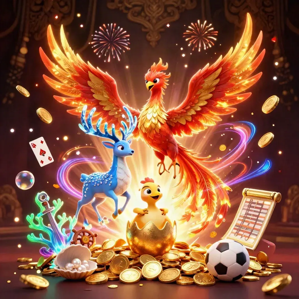 Drie fantasy-dieren boven goudregen, met sportballen en casino-schat in luxe donkerblauwe stijl.