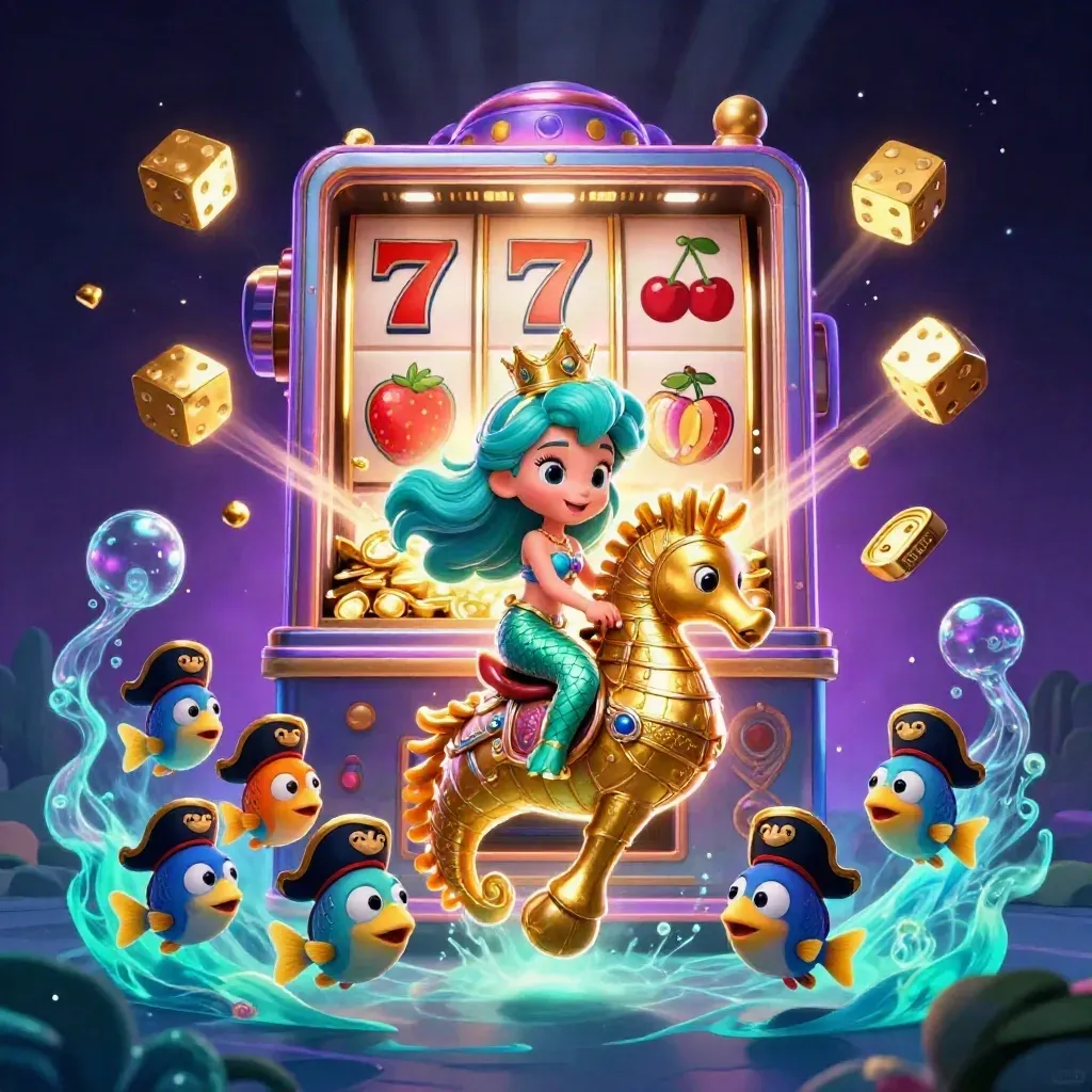 Zeemeerminprinses op een gouden zeepaardje met piratenvisjes en slotexplosies in neon water