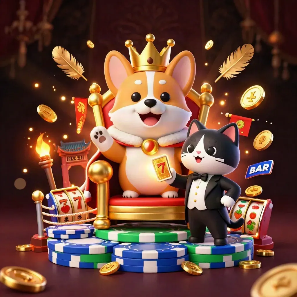 Koninglijke corgi en kattenbutler op pokerchips met gouden en groene casino-effecten
