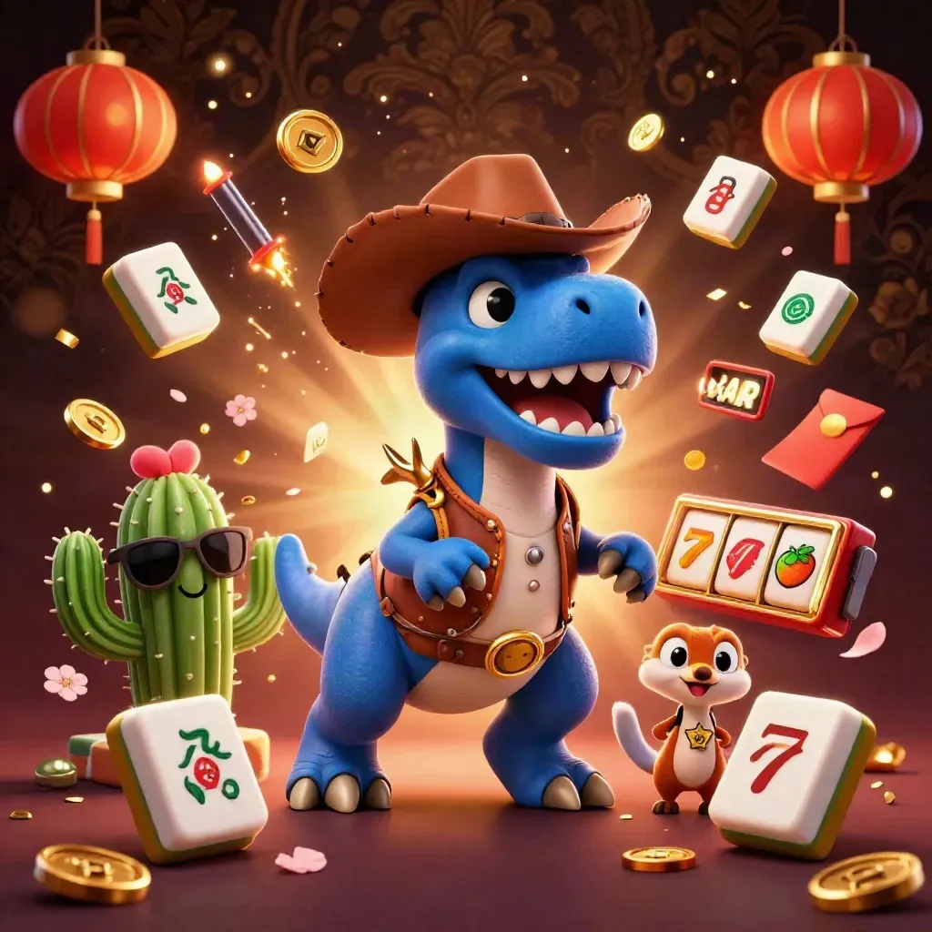 Cowboy-T-rex met cactus en roadrunner tussen gouden casino-symbolen en lantaarns